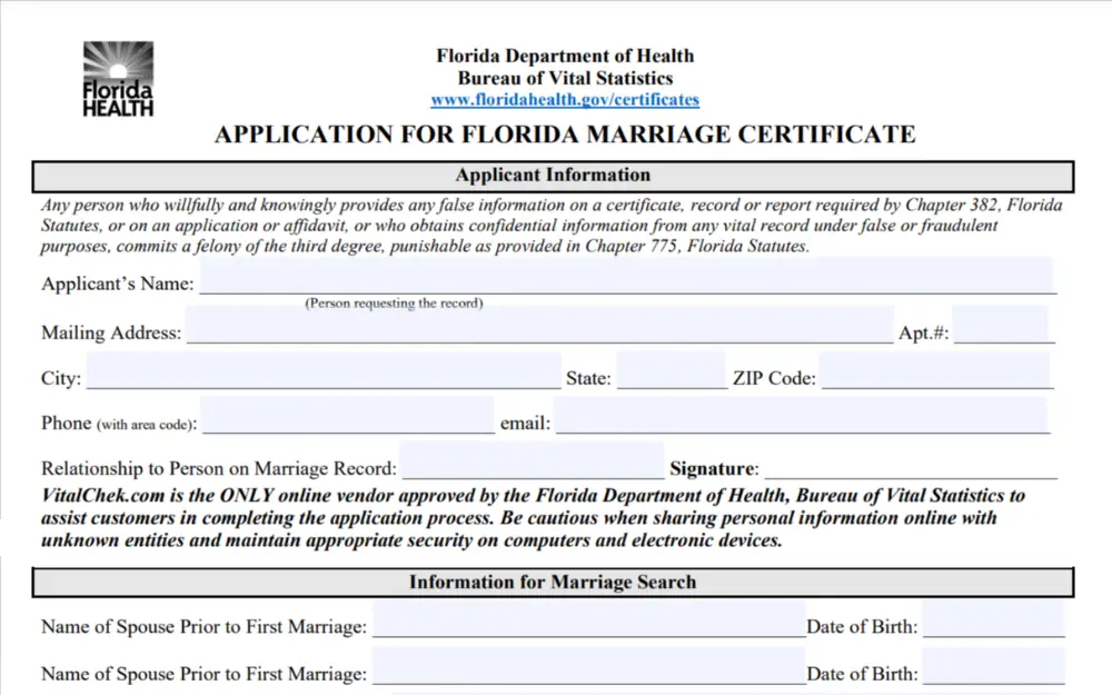 A screenshot of an application for a Florida marriage certificate from the Florida Department of Health, Bureau of Vital Statistics that requires some details such as the applicant's name, mailing address, city, state, phone and others