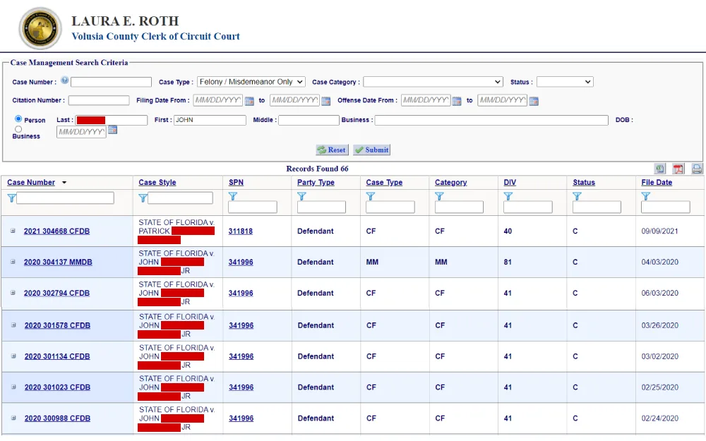 A screenshot of a case management search results showing the case number, case style, SPN, party type, case type, category, DIV, status, and file date from the Volusia County Clerk of the Circuit Court website.