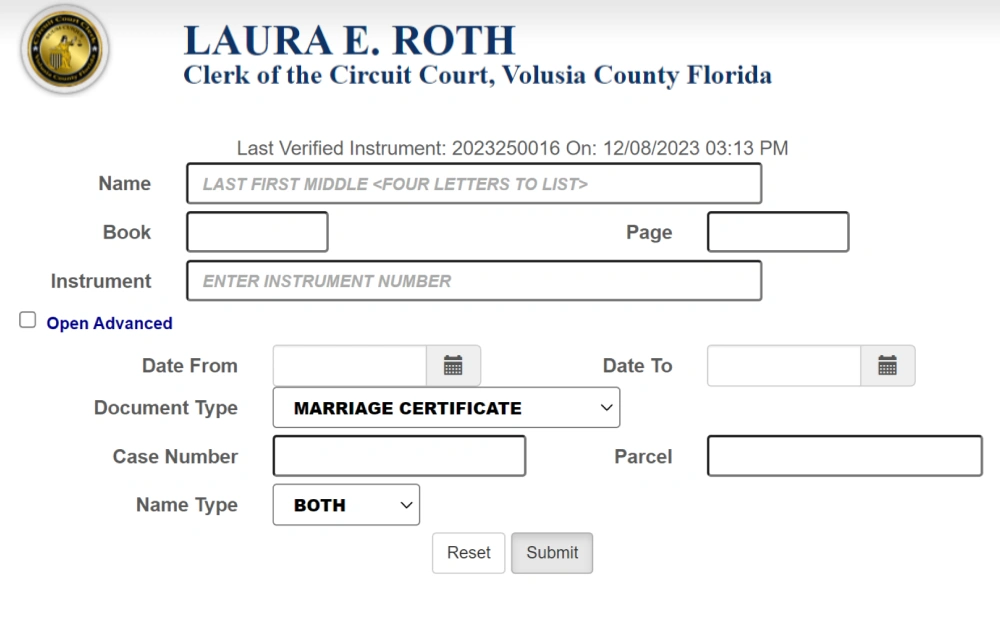 A screenshot showing a document inquiry tool displaying name, book, instrument, page, date from and date to, document type, case number, and name type as search criteria from the Clerk of the Circuit Court, Volusia County, Florida.