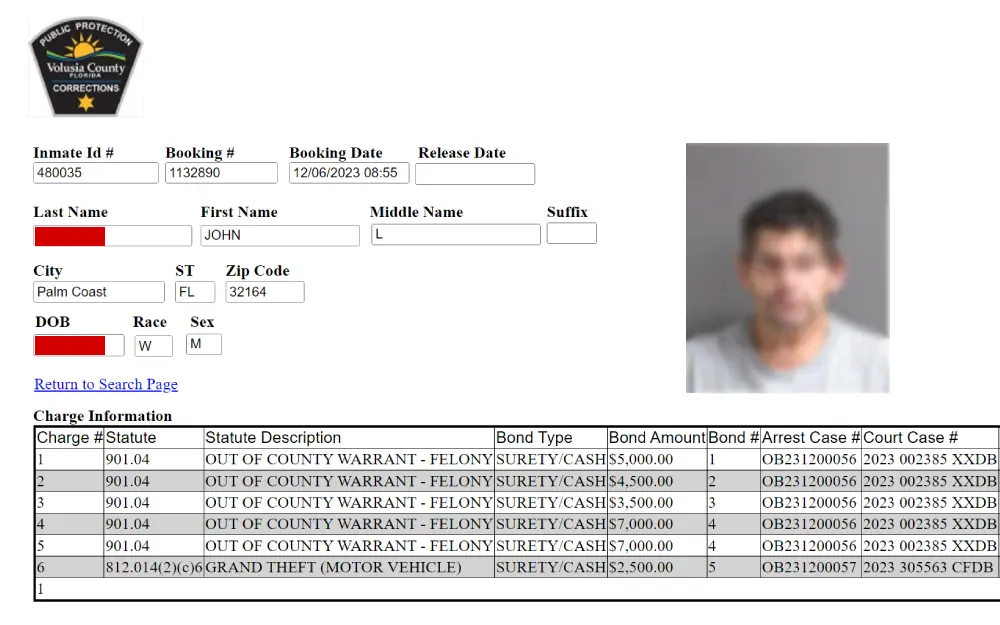A screenshot displaying a mugshot photo and the inmate's information such as inmate number, booking number, booking date, release date, full name, city, zip code and charge information.
