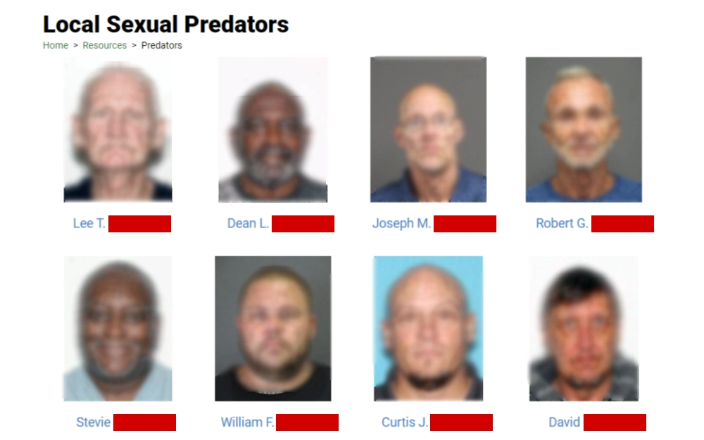 A screenshot displaying the mugshot photo preview and full name of the local sexual predators from the Volusia County Sheriff's Office website.
