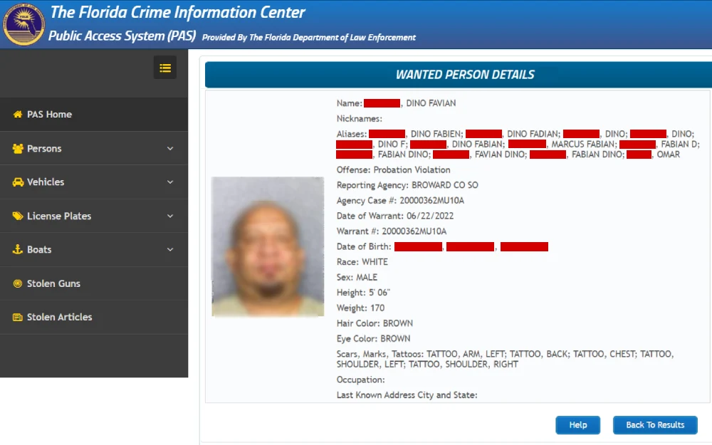 A screenshot displaying a wanted person's details showing name, nicknames, aliases, offense, reporting agency, agency case number, date of warrant, warrant number, date of birth, race, sex, height, weight and others.