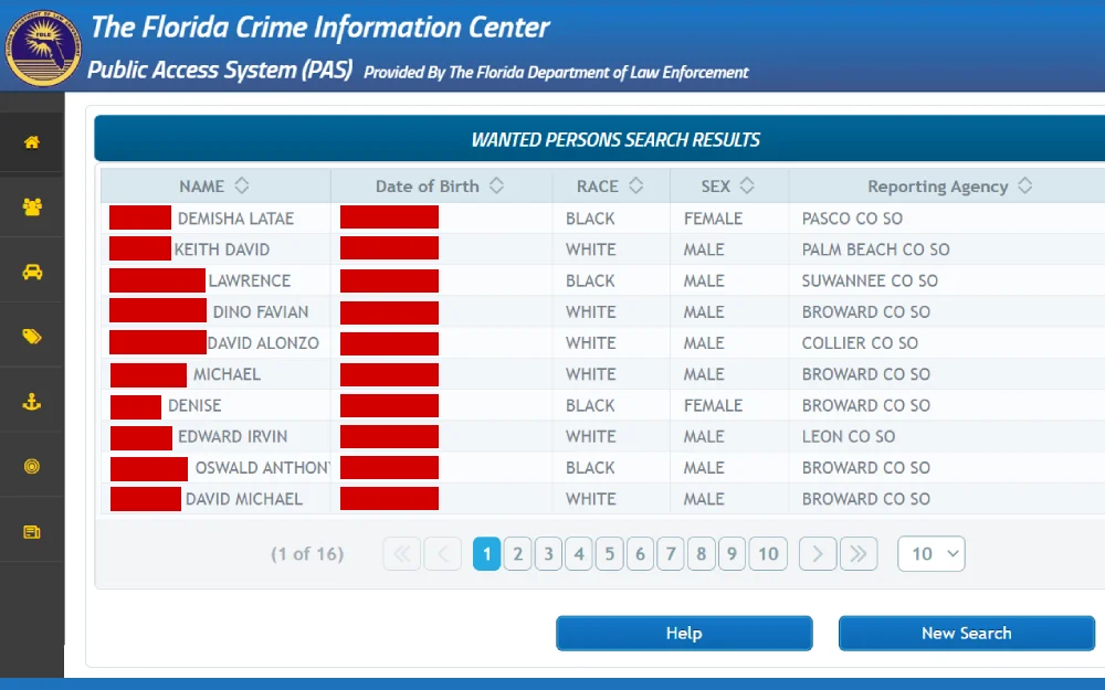 A screenshot of the wanted persons search results from the public access system showing name, race, date of birth, sex, and reporting agency from the Florida Department of Law Enforcement website.