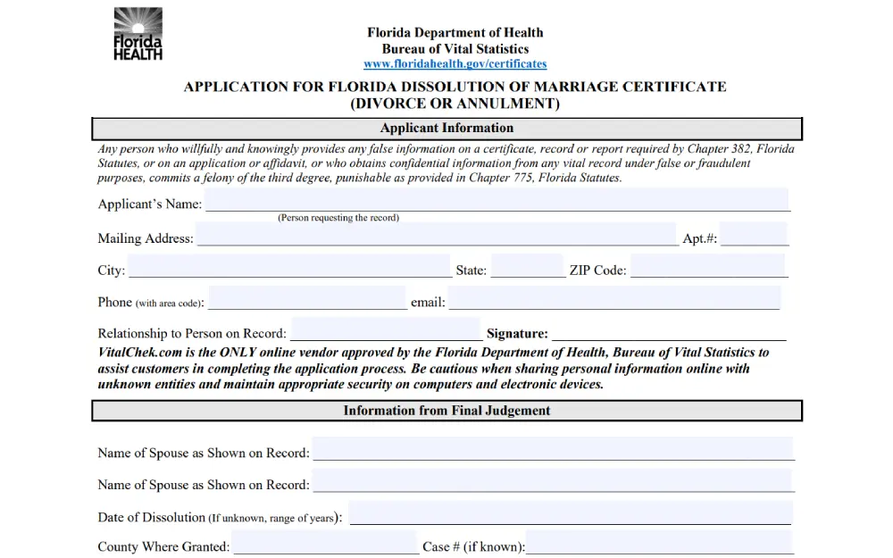 A screenshot displays an application form for obtaining a dissolution of marriage certificate from the Florida Department of Health's Bureau of Vital Statistics, which requires applicant information, relationship to the individual on record, and specifics from the final judgment.