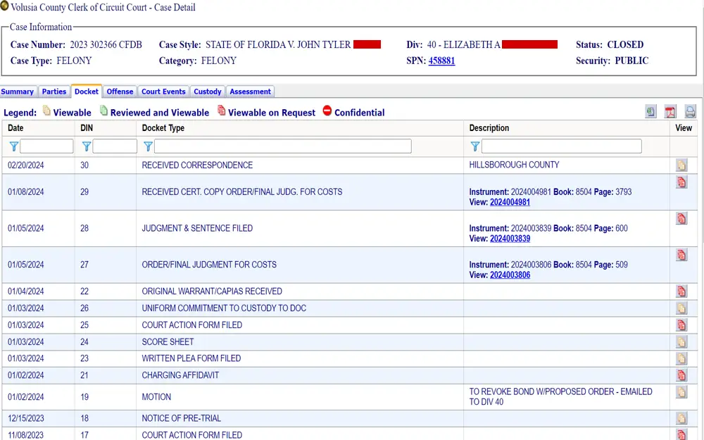 A screenshot from the Volusia County Clerk of Court showing a case's information, a list of document entries, their types, dates, and descriptions related to a closed felony case.