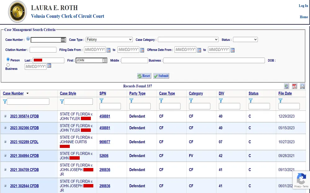 A screenshot case search tool from the Volusia County Clerk of Court with results detailing case numbers, legal case titles, party identification numbers, party types, case types, categories, division numbers, status indicators, and filing dates.