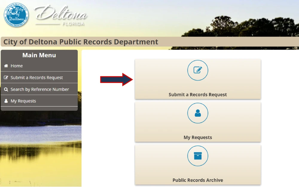 A screenshot from the Deltona Police Department featuring options for submitting, searching, and reviewing records requests.