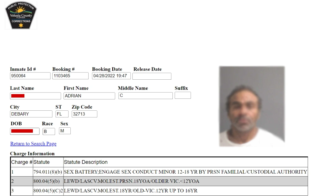 A screenshot displays a blurred profile of an individual from the Volusia County Division of Correction, including identification numbers, booking details, demographic information, and a list of charges without revealing sensitive details.