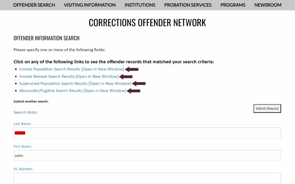 A screenshot from the Florida Department of Corrections featuring a search form for offender information, offering various options to view different categories of inmate records.