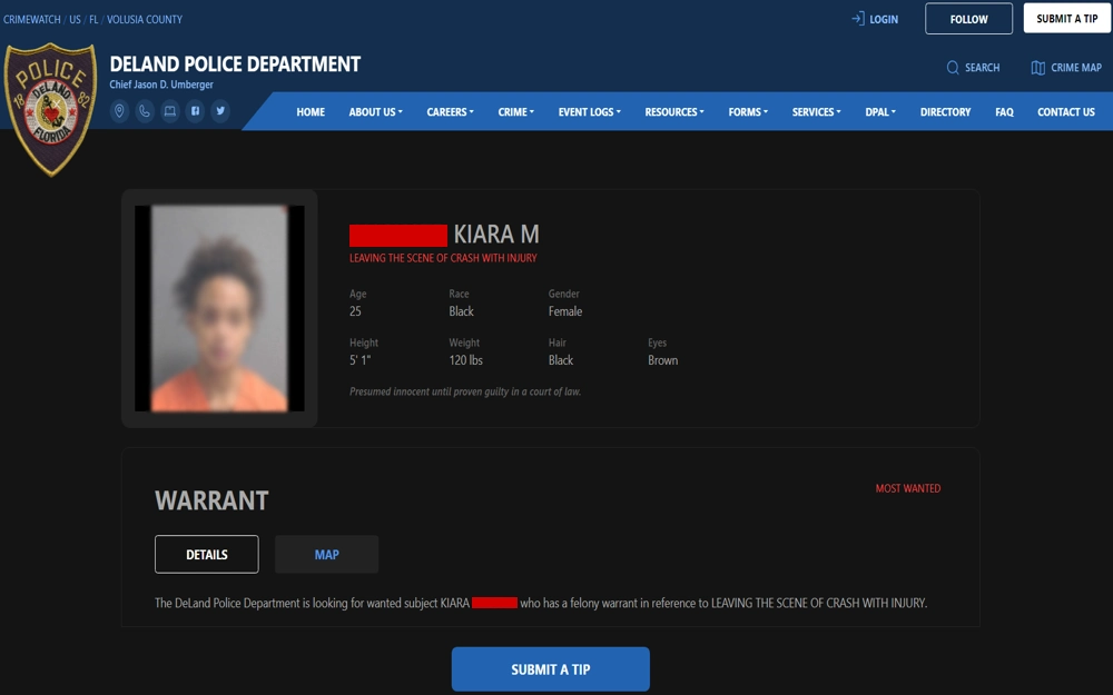 A screenshot from the DeLand Police Department detailing a warrant person's mugshot, physical description, and the charge of leaving the scene of a crash with injury, with a call to submit a tip.