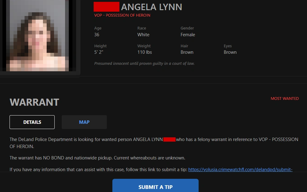 A screenshot of a wanted person's warrant information from the DeLand Police Department displays the inmate's photo, name, charge, age, race, gender, weight, height, hair and eye colors, warrant description, and a button for tip submission at the bottom of the page