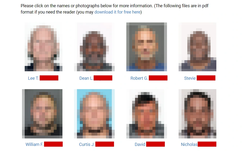 A screenshot of the local sex offenders page from the Volusia County Sheriff's Office website displays the offenders' mugshots and full names, along with a note on how to view more information.